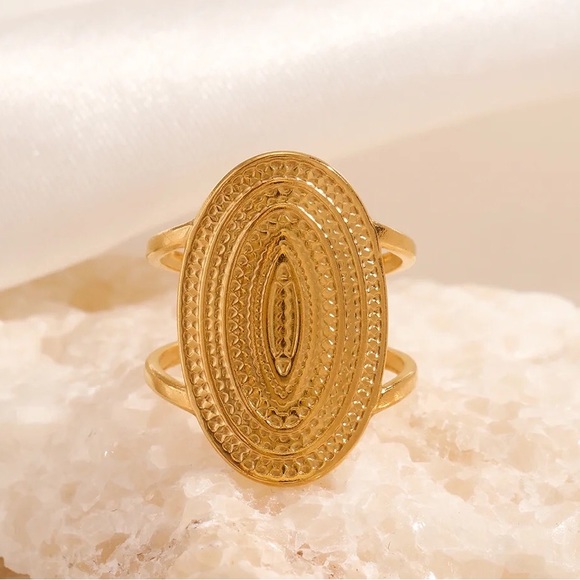 Oval chiseled stainless steel gilded with fine gold adjustable ring - Picture 4 of 5